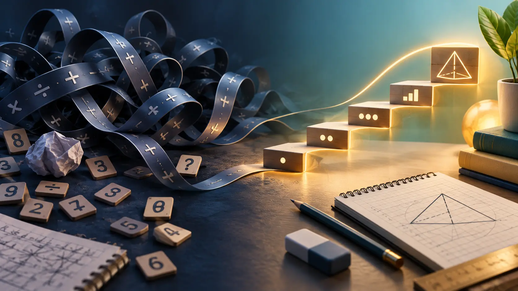 Tangled maths symbols becoming a calm, clear sequence of learning steps