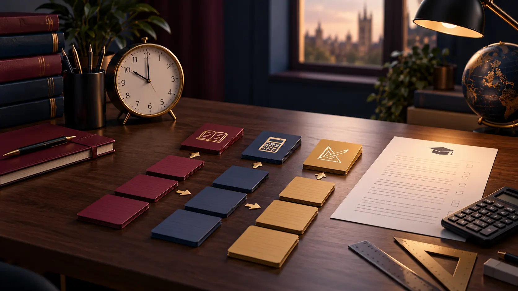 A short GCSE revision runway with a clock, priority cards, calculator and exam paper