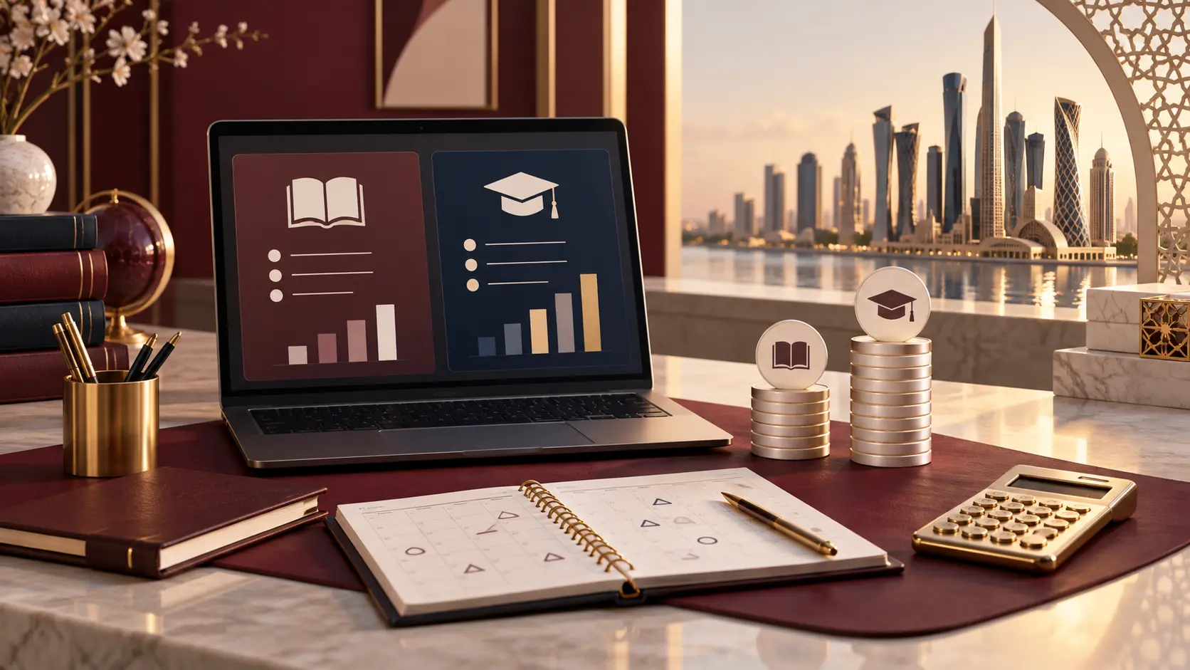 Premium Saudi study setting with an online lesson screen, calculator and tutoring price markers
