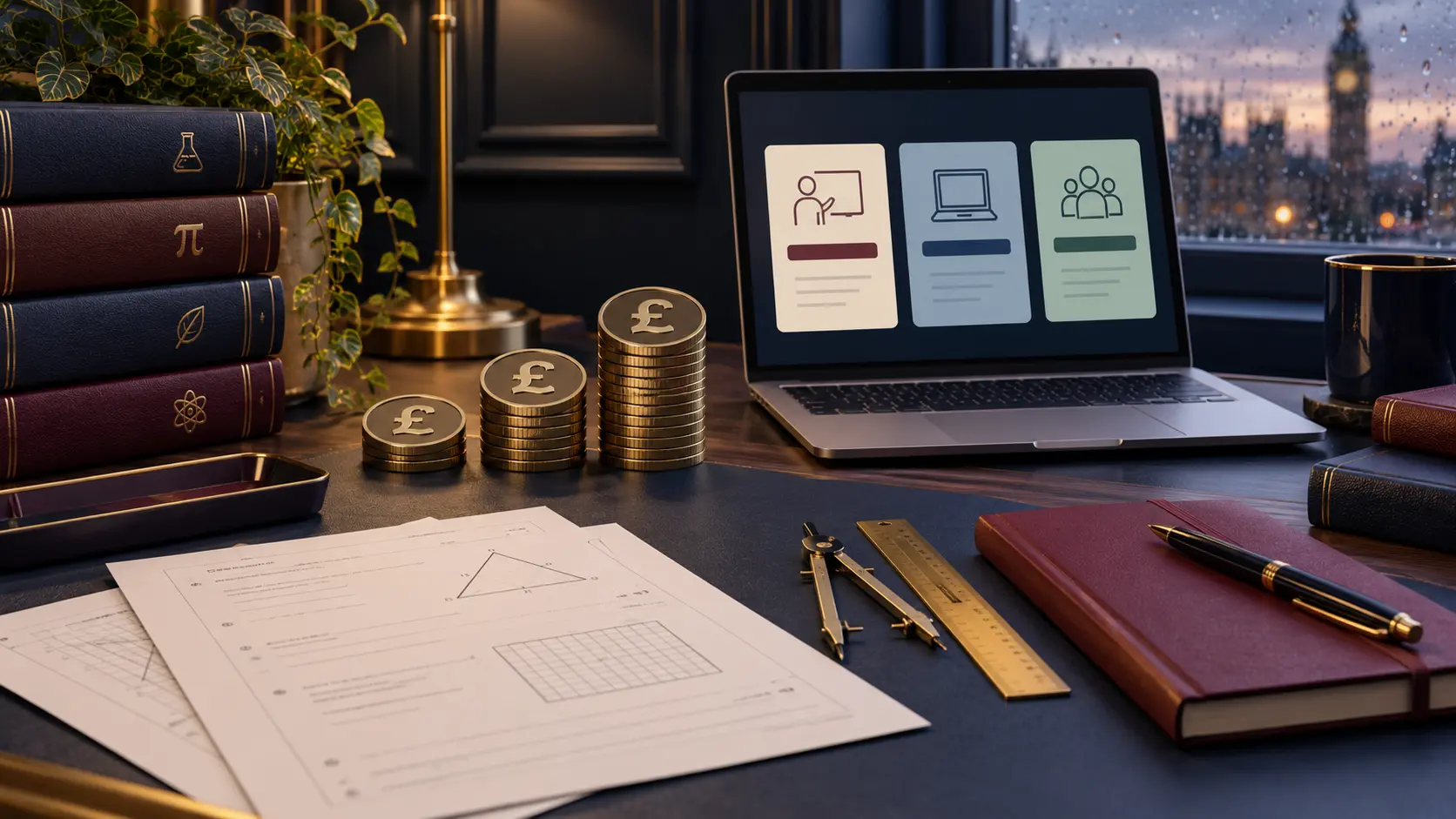 UK tutoring cost comparison with pound tokens, GCSE papers and online lesson choices