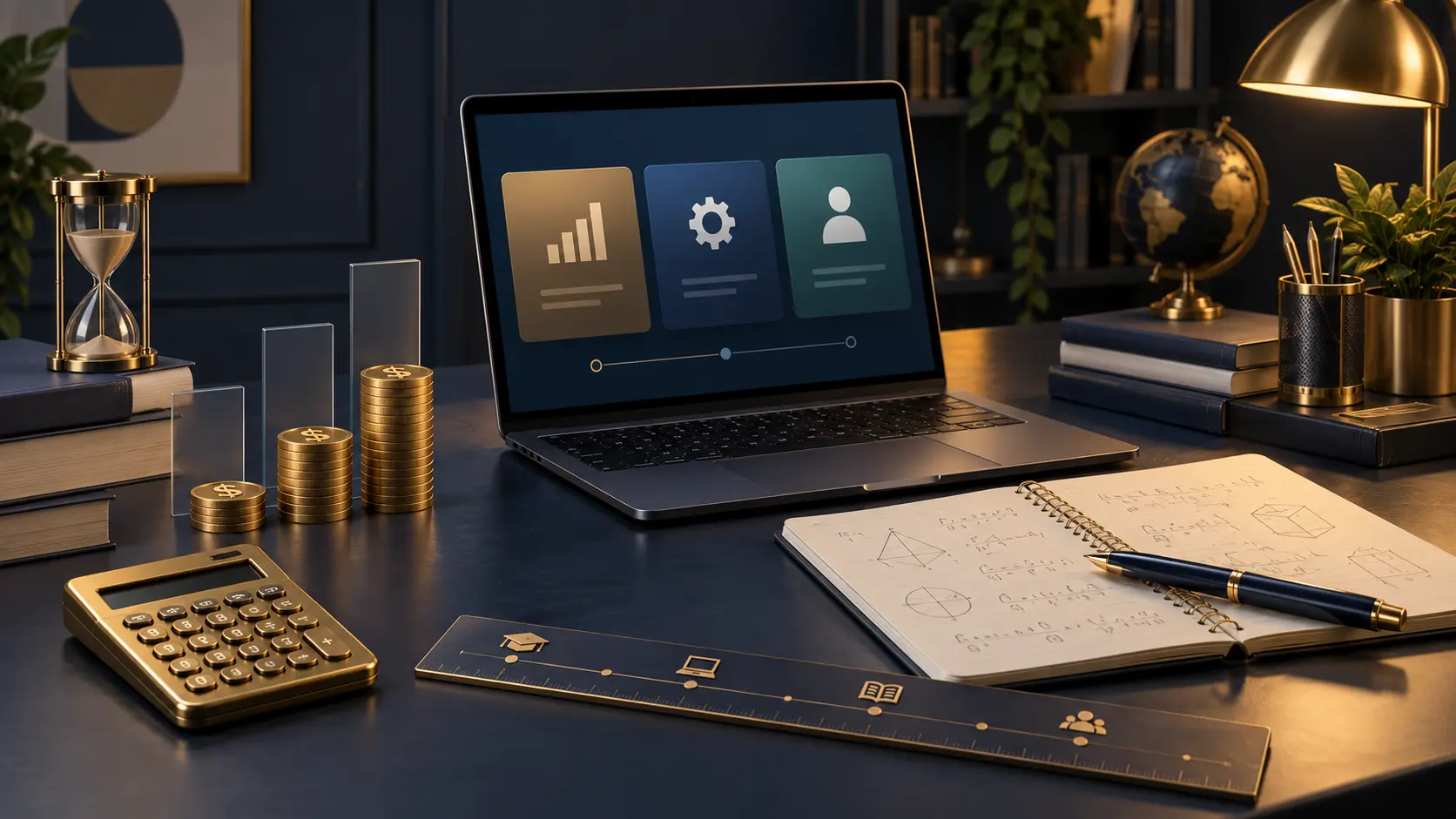 Premium study desk showing a calculator, online lesson choices and a tutoring cost comparison